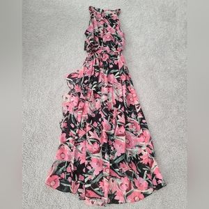 NWT SLNY Belted Women's Pink Floral Print Boat-neck Tiered Sheath Ruffled Dress